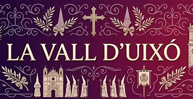 Ilustraci&oacute;n de Semana Santa en La Vall d'Uix&oacute; con im&aacute;genes de cofrades y s&iacute;mbolos religiosos en tonos morados y dorados, incluyendo una cruz, palmas y una iglesia estilizada.