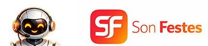 Logotipo de Son Festes con un dise&ntilde;o de robot sonriente a la izquierda y las letras 'SF' en color blanco sobre un fondo rojo a la derecha.