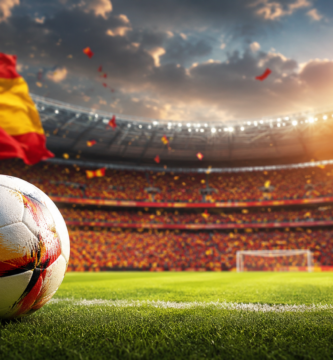 Balón de fútbol en un estadio con la bandera de España ondeando al fondo y aficionados en las gradas, capturando la emoción del Mundial de 2026 para el equipo español.