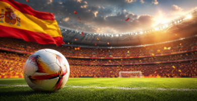 Balón de fútbol en un estadio con la bandera de España ondeando al fondo y aficionados en las gradas, capturando la emoción del Mundial de 2026 para el equipo español.