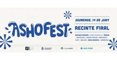 Cartel promocional de Ashofest 2026 en La Vall d’Uixó, destacando fecha 14 de junio en el Recinte Firal, con nombres de artistas como Gustavo Paradís y Pedro Medina DJ. Se menciona la oferta de tapes, bebidas, zona infantil y música en vivo.